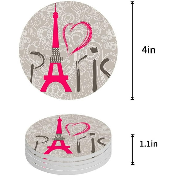 FMSHPON Paris Eiffel Tower Set of 8 Round Coaster for Drinks, Absorbent Ceramic Stone Coasters Cup Mat with Cork Base for Home Kitchen Room Coffee Table Bar Decor