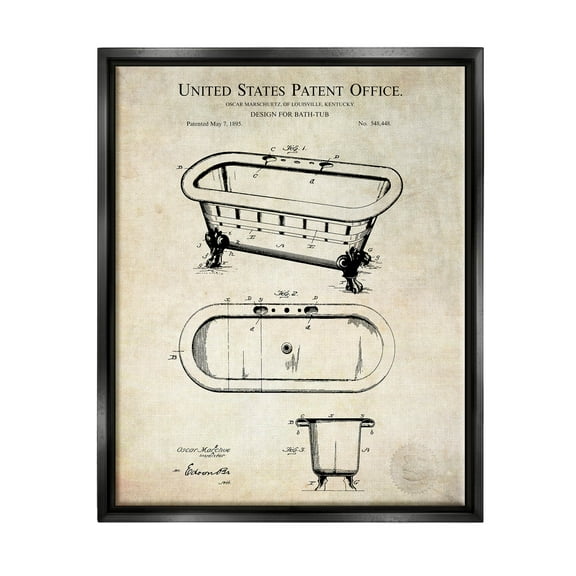 Stupell Industries Vintage Bathtub Patent Diagram Graphic Art Jet Black Floating Framed Canvas Print Wall Art, Design by Karl Hronek