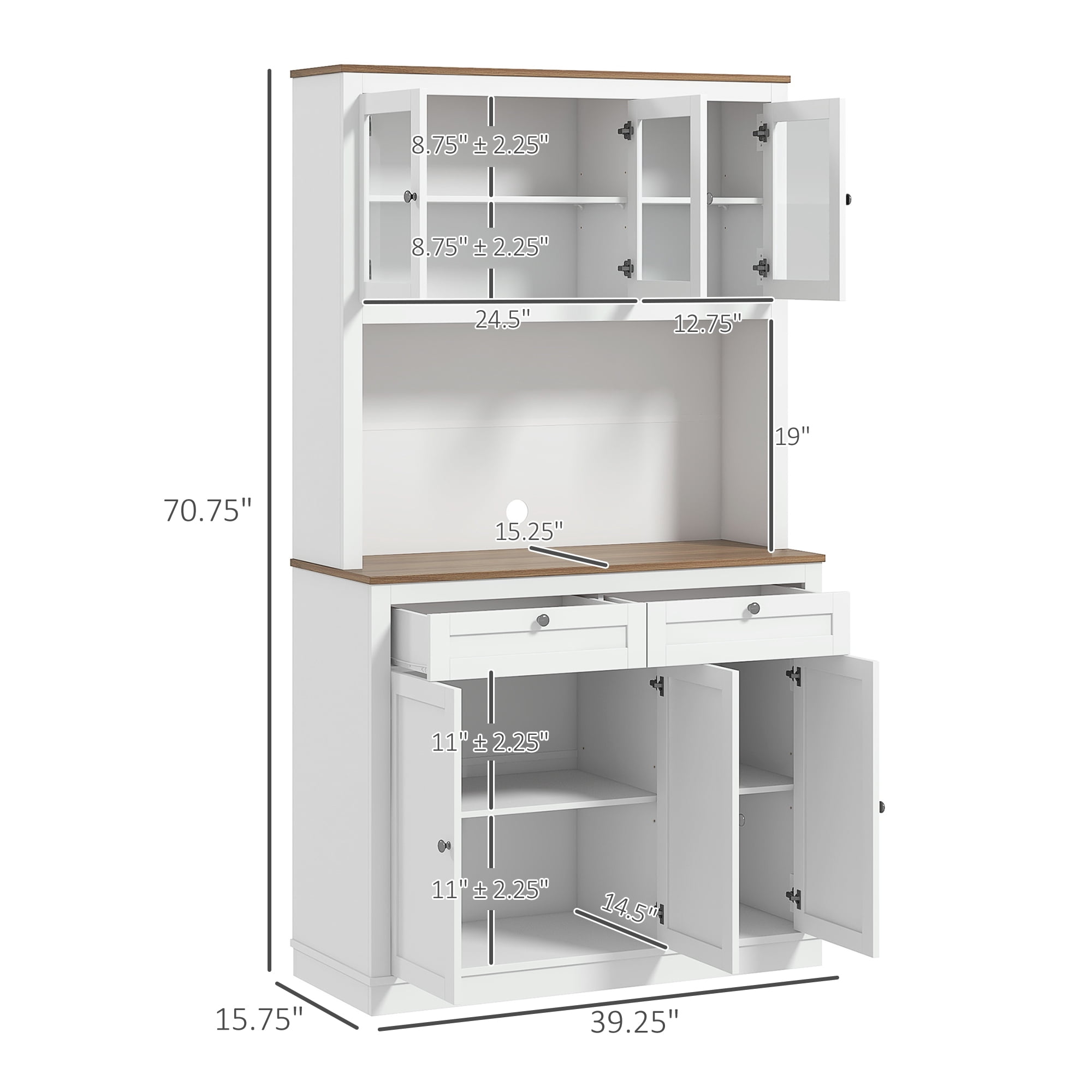 HOMCOM 71" Tall Kitchen Pantry Storage Cabinet with 2 Drawers, Microwave Cabinet with Adjustable Shelves and Glass Doors, White
