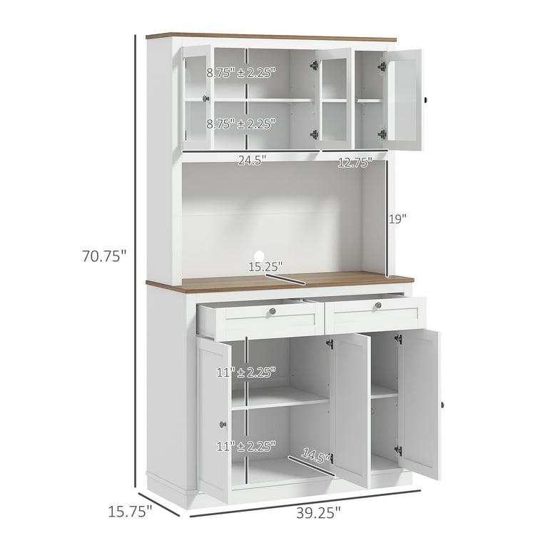 71 Inch Tall Kitchen Pantry Cabinet With Hutch – Coffee Bar, Glass Doors, Wine Rack, White