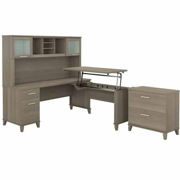 Bush Furniture Somerset 72W Sit to Stand L Desk with Hutch and File Cabinet
