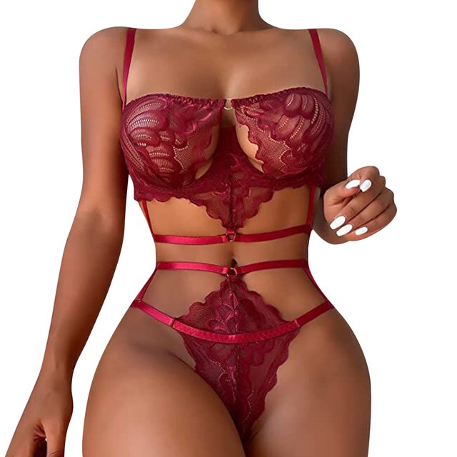 Gibobby Conjuntos de bragas de encaje Traje de Bikini Sexy a la para mujer, lencería de encaje, pijama con anillo de , traje de ropa interior con liga(Vino, M)