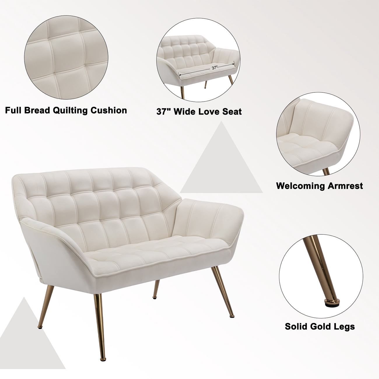 Guyou Small Loveseat Sofa, Modern Velvet 2-Seater Mini Sofa Couch with Quilted Back and Armrests, Cute Accent Chair with Gold Metal Legs for Living Room Bedroom Apartment, Cream