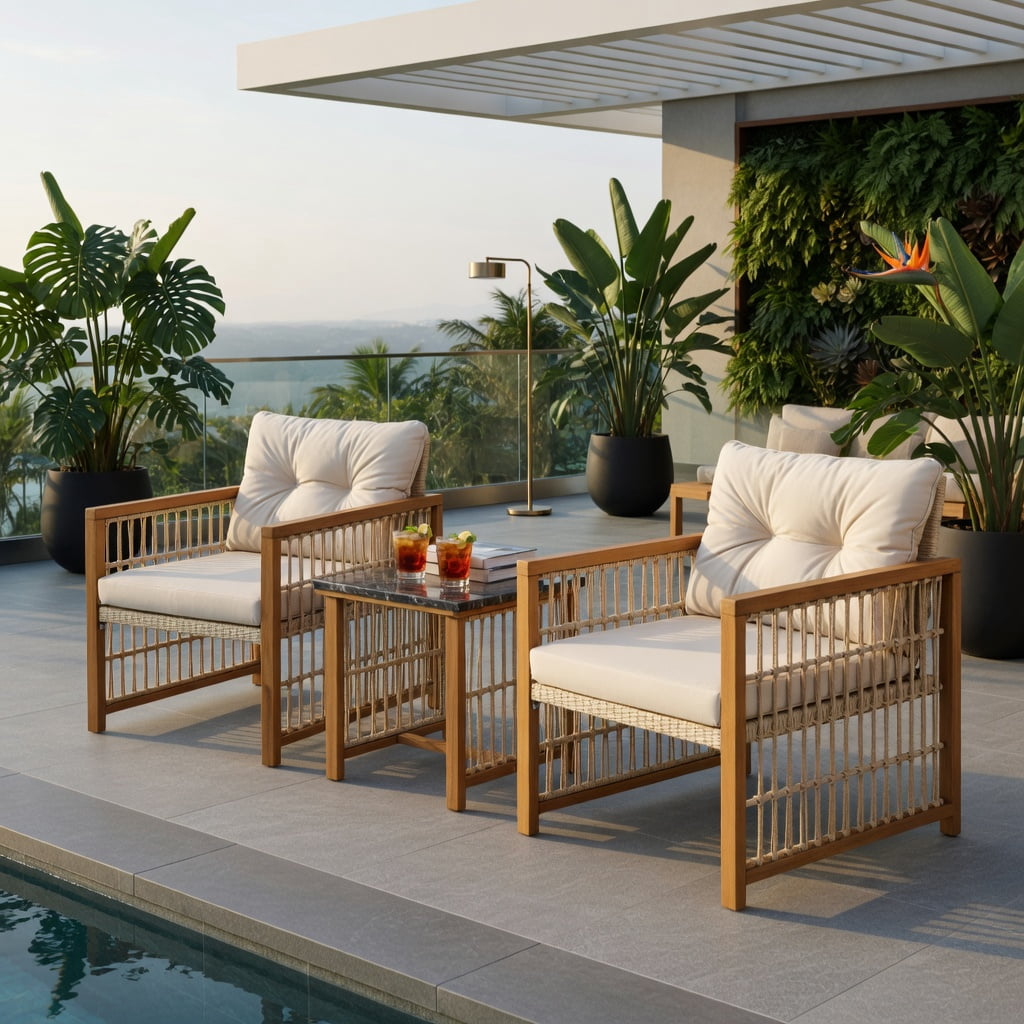 Hommoo 3-Piece Outdoor PE Wicker Patio Furniture Set, Cushioned Acacia Wood Conversation Set with Square Coffee Table & Ergonomic Chairs, Brown