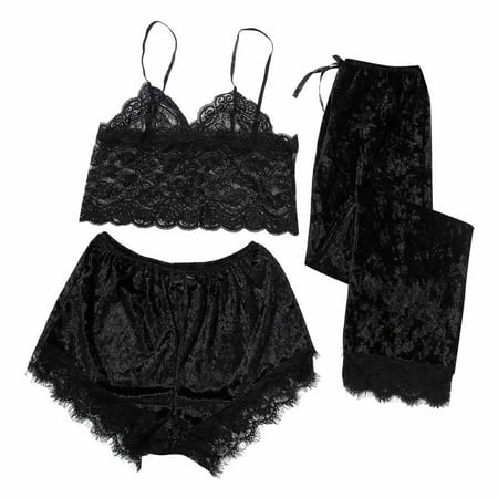 

Women Sexy Three-Piece Pajamas Lace Velvet Solid Color Lace Three-Piece Pajamas Nightdress Sleepwear