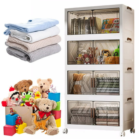 Yibooy 4 Tier Stackable Storage Bins with Lids Doors Wheels Storage Drawer (Clear)