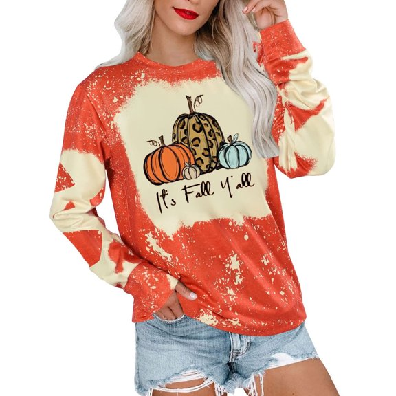 IROINNID Women's Long Sleeve Sweatshirt Round Neck Mid-Length Print Casual Tops Halloween Tie Blanket Sweatshirts, Orange