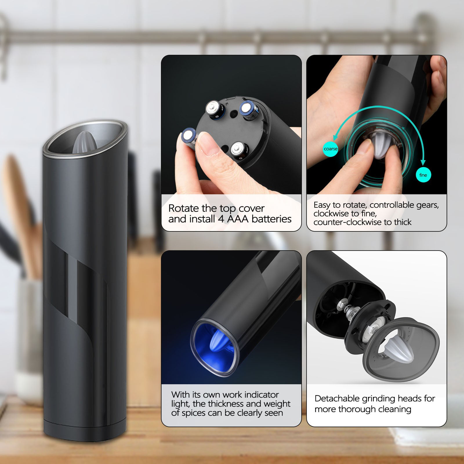 urban noon Electric Pepper Grinder or Salt Grinder - Battery Operated  Stainless Steel Pepper Mill with Light - One Handed Operation 