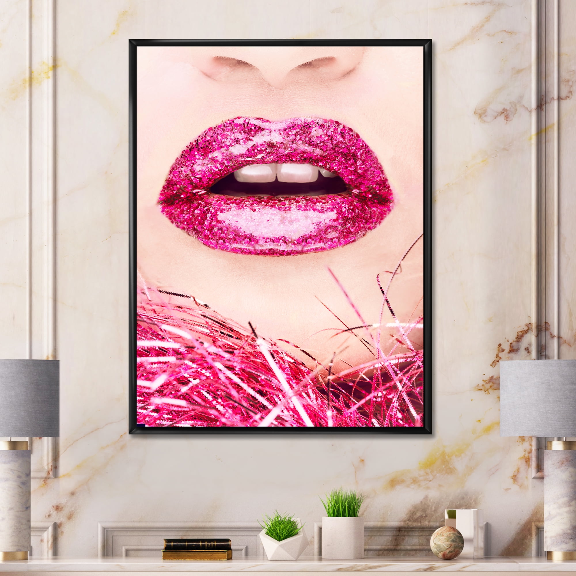 Close-Up Of Golden Female Lips II 16 in x 32 in Framed Photography Canvas Art Print, by Designart
