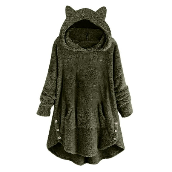 gakvbuo Fleece Jacket For Women Cat Hoodie With Ears&Button Down Pullover Hoodie Fleece Hooded Sweatshirt Cat Ear Irregular Plush Solid Long Sleeve Warm Winter Oversized Outwear With Pocket