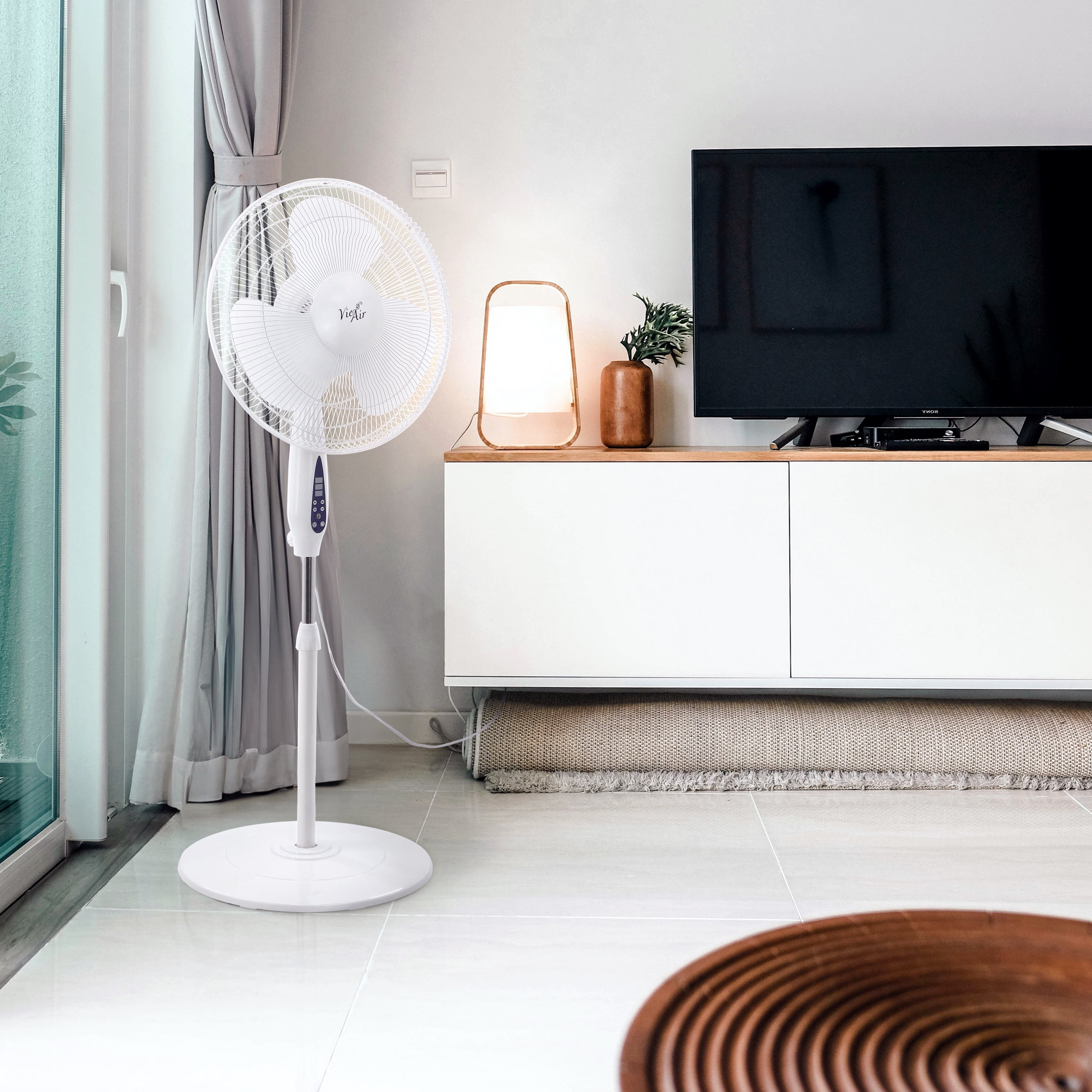 Vie Air 16 Inch 3 Speed Oscillating Stand Fan with Remote Control in White
