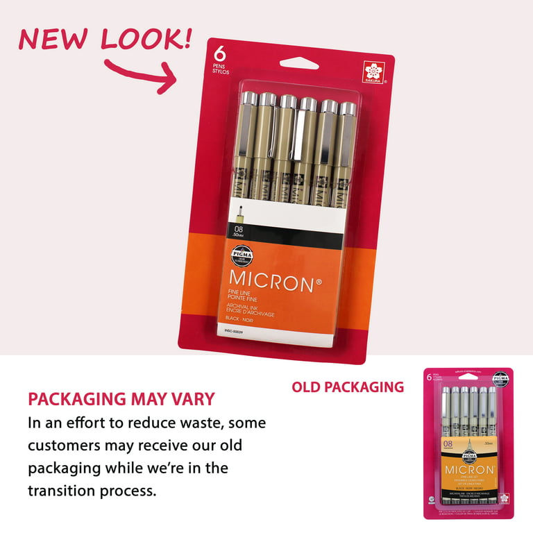 Sakura Pigma Micron Fineliner Pens, Archival Black, 08 Tip Size, 6 Pk 