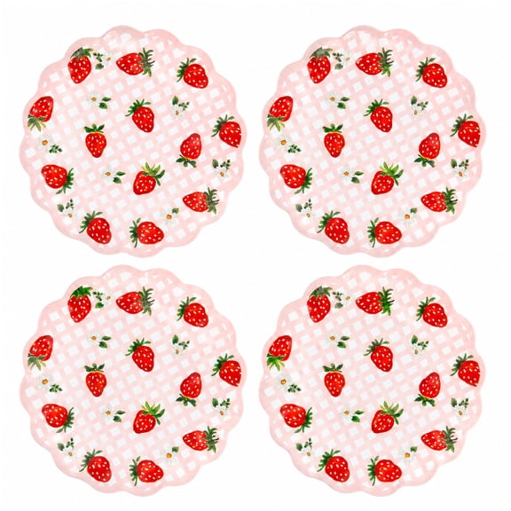 SeasonsEasy Strawberry Fields 11 inch Melamine Dinner Plates, Set of 4, Multicolor Scalloped