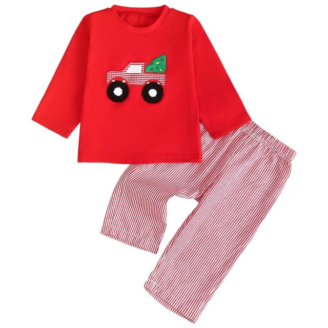 Caqnni Ensemble de Noël pour Enfants Automne Hiver Ensemble Imprimé Col Rond Pyjama Garçon Fille Bébé Vêtements de Maison Deux Pièces (2-3 Ans, Rouge)