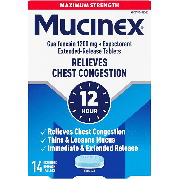 Mucinex 12 Hour Max Strength Expectorant, OTC Medicine for Excess Mucus Relief, FSA/HSA, 14 Tablets