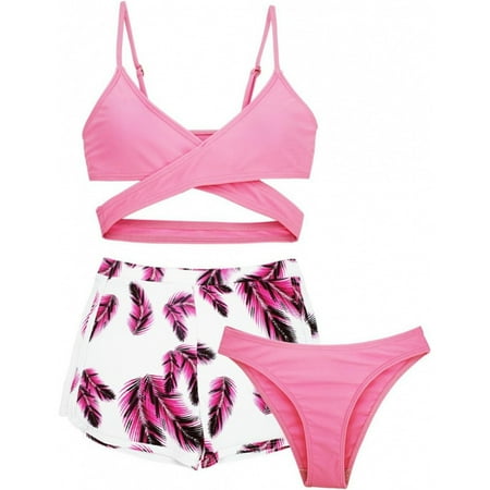 ZTKWD Girls Swimsuit Bathing Suits 3 Piece Twist Cross Tropical Floral Bikini Sets with Cover Up Skirt 7-16T