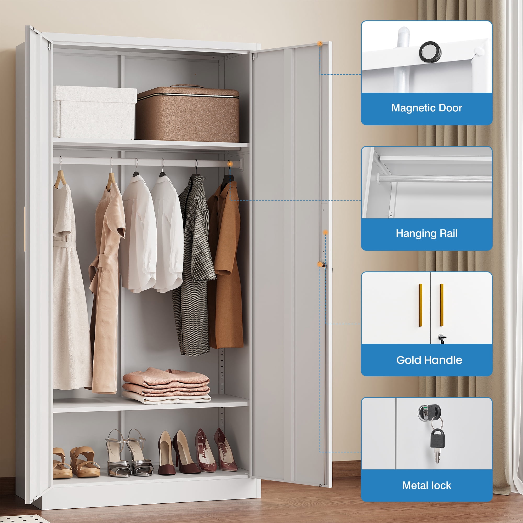 Fesbos Metal Wardrobe Cabinets with Lock, Clothing Locker 72" X 36" X 18" Storage Cabinets for Home Room, Fire Department, Employee,Gym,Government (White)