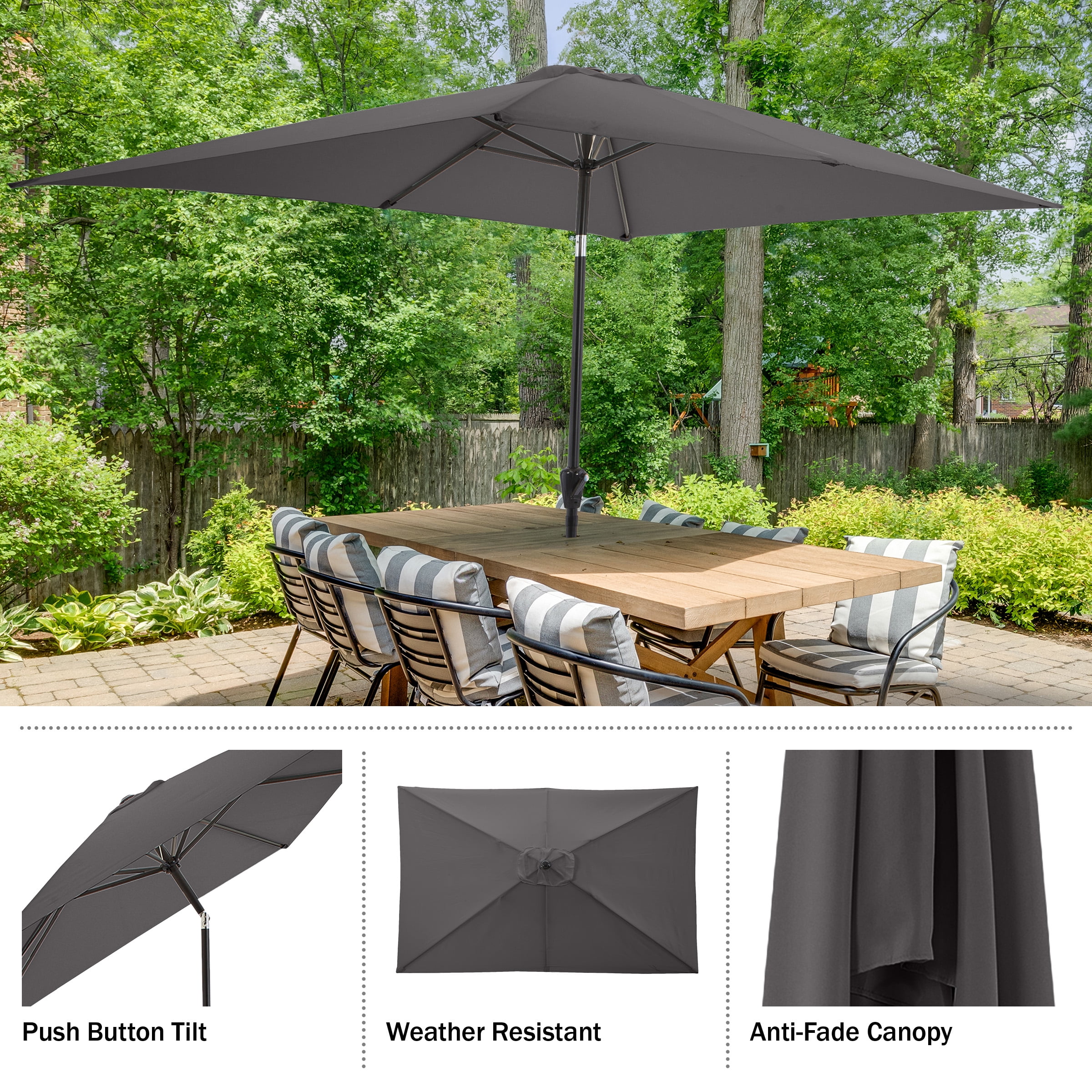 Pure Garden 10’ Rectangular Patio Umbrella with Push Button Tilt, Gray
