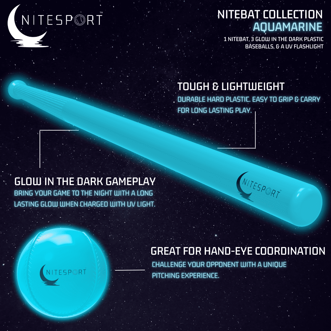 NiteSport, Glow-in-the-Dark Plastic Baseball Bat Set, Aquamarine