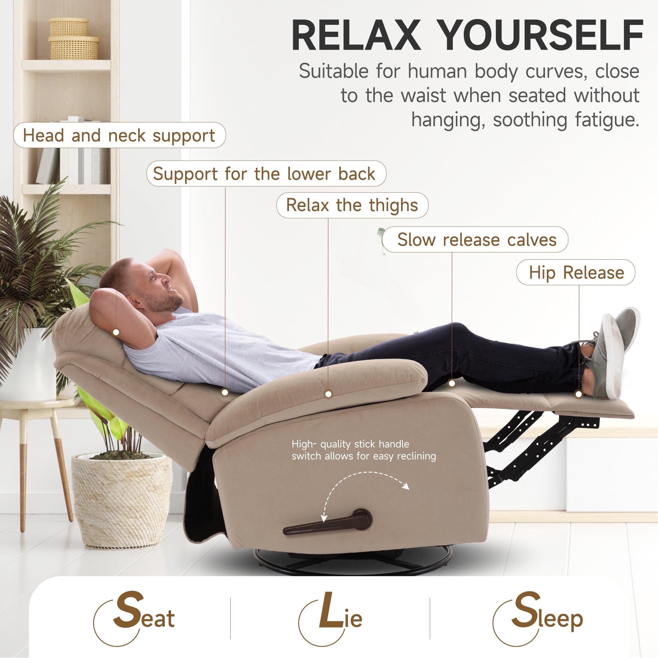 Swivel Rocker Recliner Chair Small Ergonomic Rocker Recliner Chair for Living Room, RV, Nursery, Bedroom, Beige