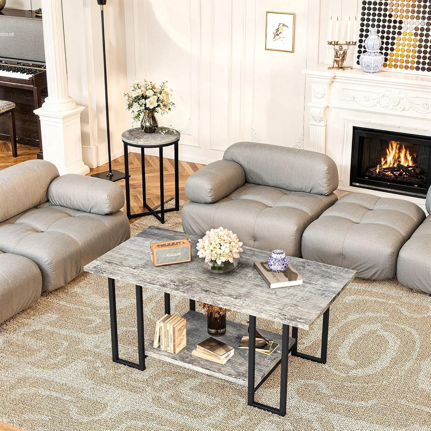 Cvortll 3-Piece Living Room Table Set, Coffee Table with 2 Round End Tables, Faux Marble Top & Metal Frame, for Apartment & Home, Gray