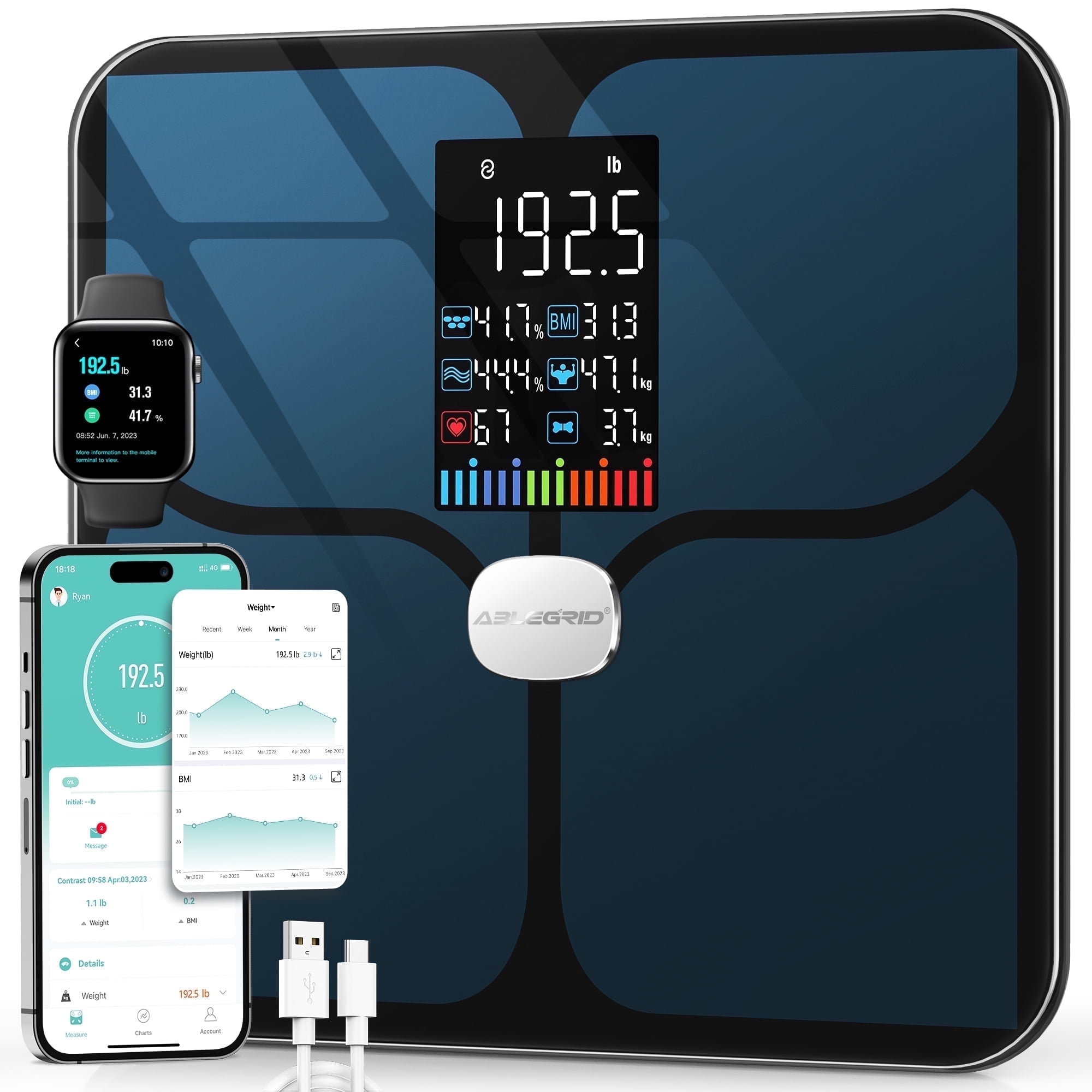 ABLEGRID Smart Digital Scale for Body Weight Rechargeable, LED Display, 16 Body Composition Metrics BMI, Heart Rate, Baby Mode, 400lb, Black
