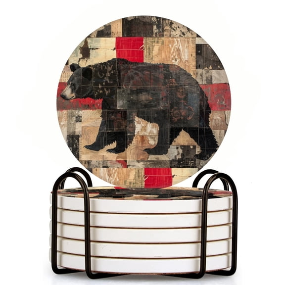 Black Bear In The Style Of Fragmented Collage Set of 6 Ceramic Coasters with Holder, Absorbent Drink Bar Coasters, Table Coasters for Living Room Decor Tabletop Protection