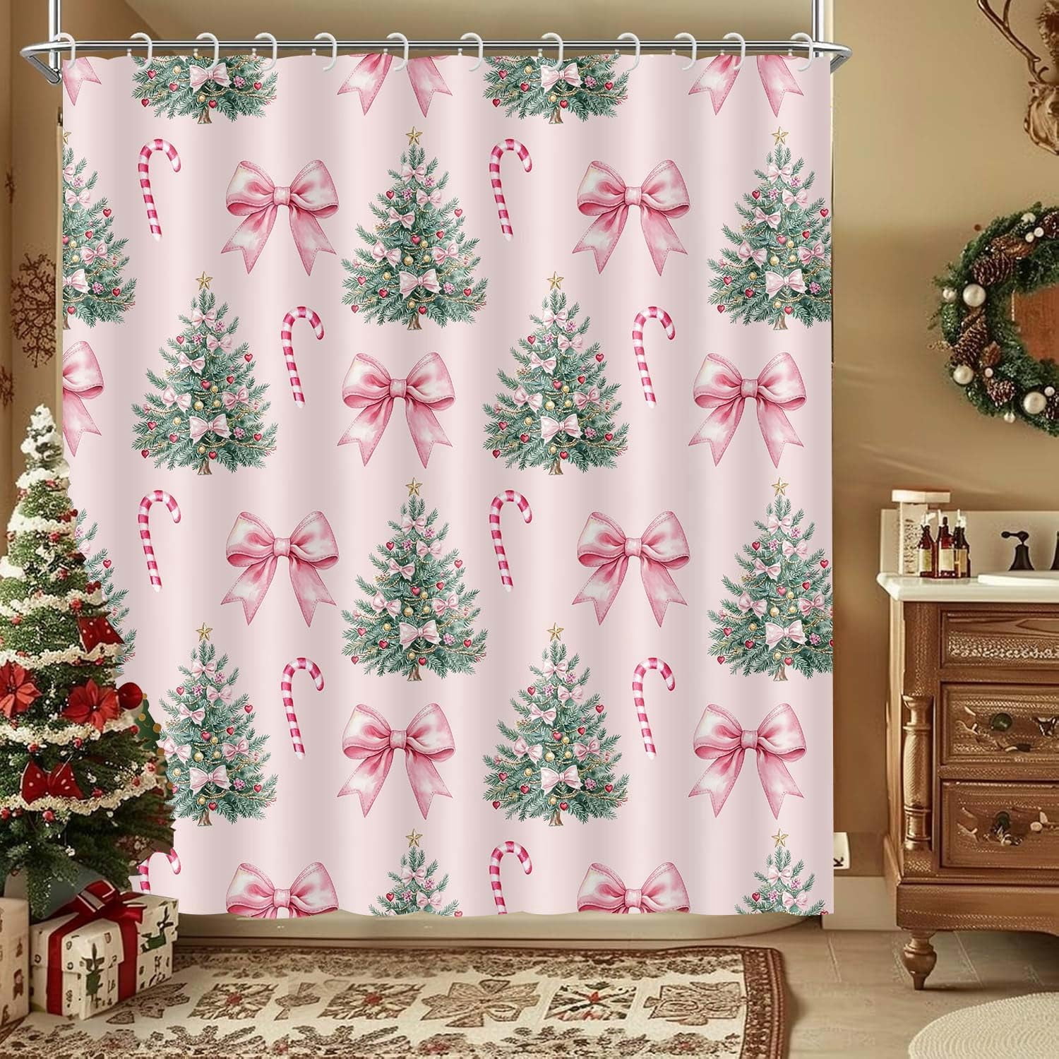 Whimsical Pink Christmas Holiday Shower Curtain Vintage Inspired Xmas Bath Curtain with Christmas Trees Playful Candy Canes Flouncy Bows, Cute Kawaii Coquette Aesthetic Festive Bathroom Decor 70X70IN