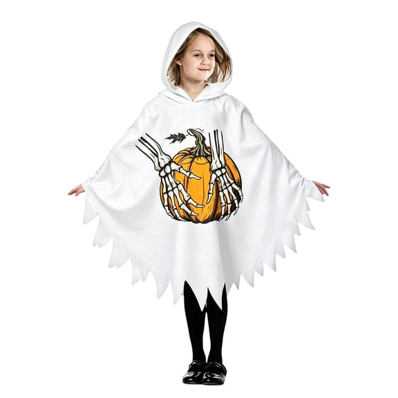 REDARER Kids Phantom‑Edge Hooded Poncho Cloak Skeleton Hands Maple‑Leaf Pumpkin Print Cosplay Ensemble for Halloween Home DIY Cosplay Session Festive Stage Recital,10-12 Years