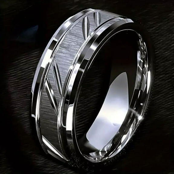 Men 8mm Tungsten Avant-Garde Comfort-Fit Brushed Custom Cut Groove Wedding Band