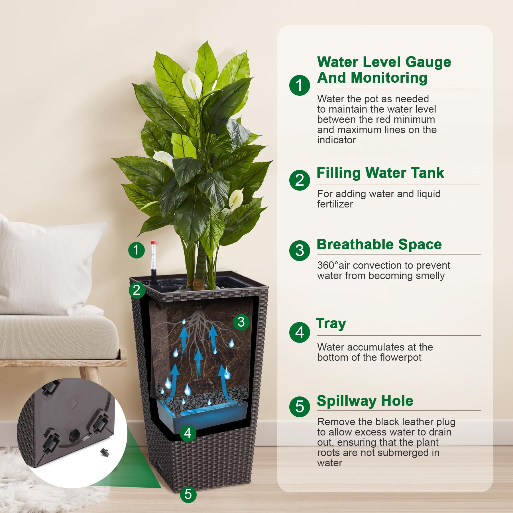 M optimized 23" Tall Planters Set of 2, Outdoor＆Indoor Rattan Planter Pots, High Front Porch Planter Pots with Drainage Holes＆Water Level Monitor＆Inner Bucket, Automatic Watering