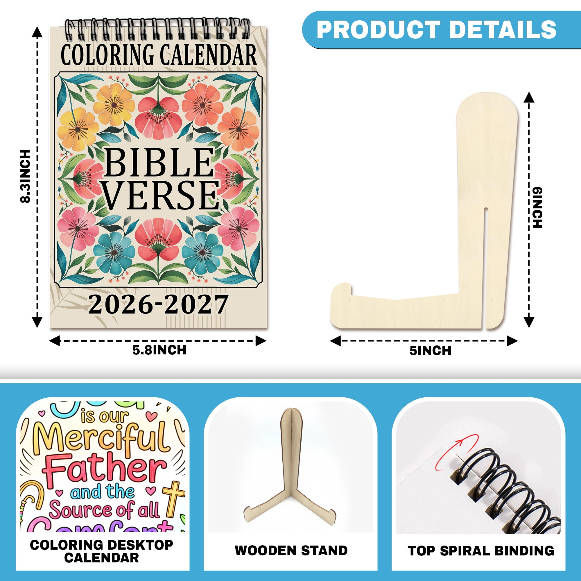 Bible verse Coloring Desk Calendar 2026–2027, A5 Wooden Cover Planner with 26 Easy Coloring Pages for Adult Relaxation, 24 Month Desktop Calendar with Stand, Gift for Family & Friends