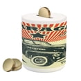 thumbnail image 1 of Cars Piggy Bank, Retro Car and Garage Advertising Poster Style Picture with Grunge Effects 1960s, Ceramic Coin Bank Money Box for Cash Saving, 3.6" X 3.2", Emerald Orange, by Ambesonne, 1 of 4