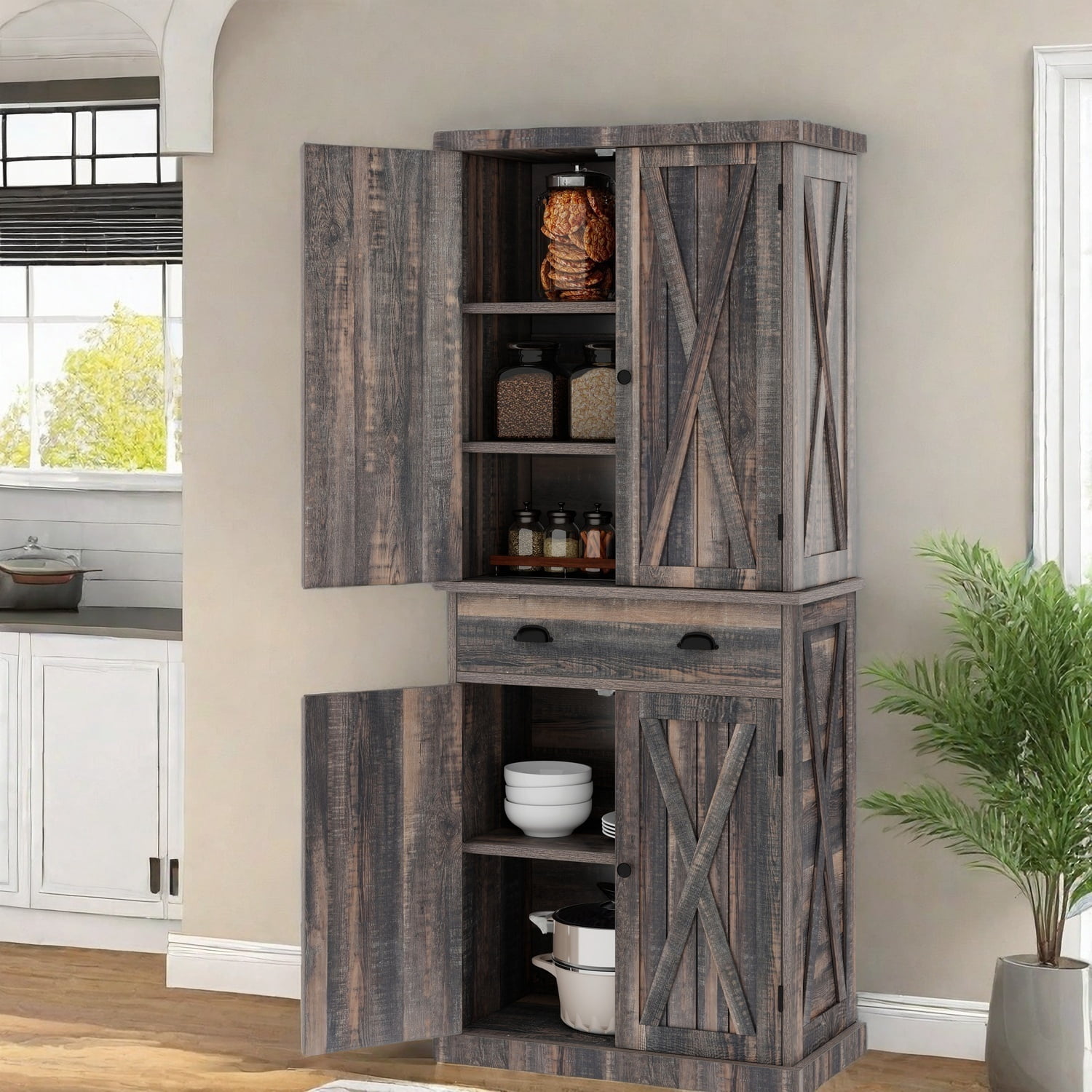 Uforic Tall Pantry Cabinet with 4 Doors and Adjustable Shelves, 72 Inch Farmhouse Storage for Kitchen Dining Living Room, Dark Rustic Oak