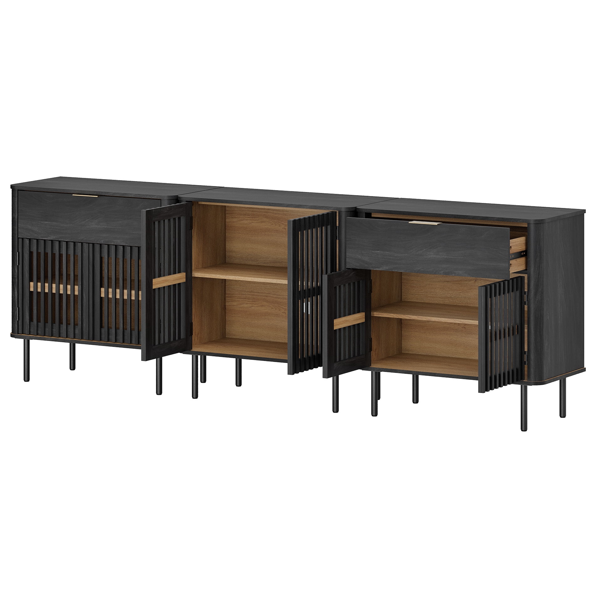 94.5 Inch Large Fluted Buffet Cabinet Sideboard with Storage,Wood Modern Accent Coffee Bar Console Table, Black