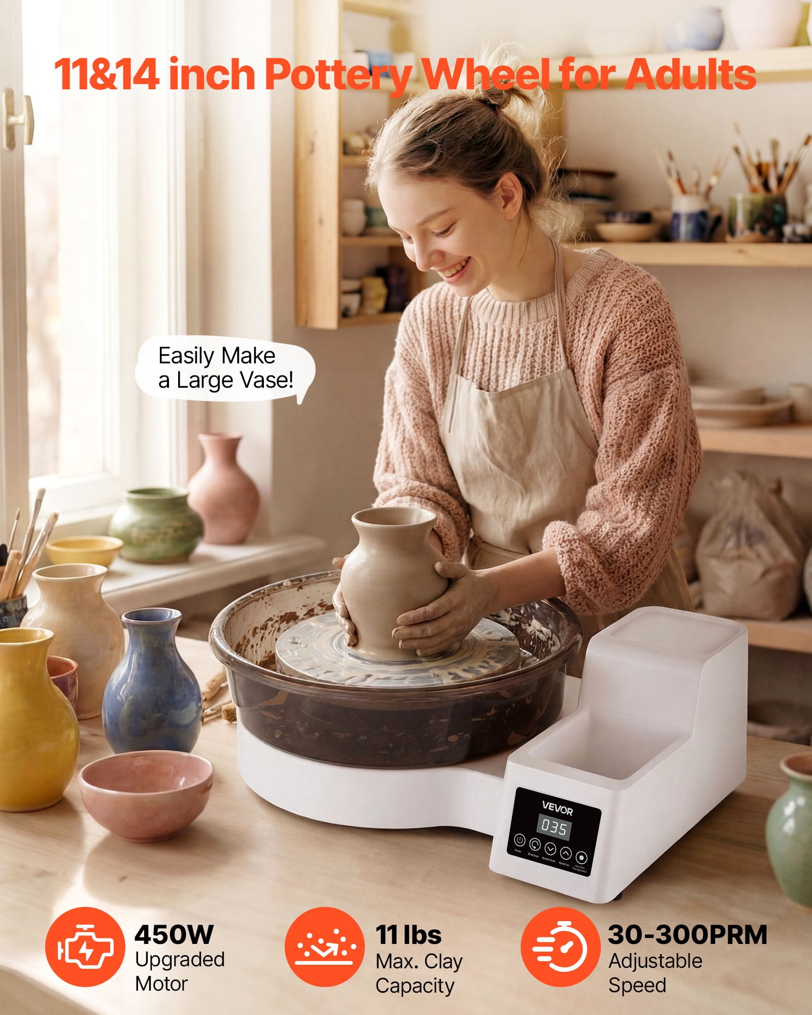 VEVOR Pottery Wheel for Adults, 14" and 11" Turntables, 450W Electric Table Top Pottery Wheel with Foot Pedal, 30-300 RPM Adjustable Speed, Detachable Basin, for Beginners, DIY Clay Art Craft, White