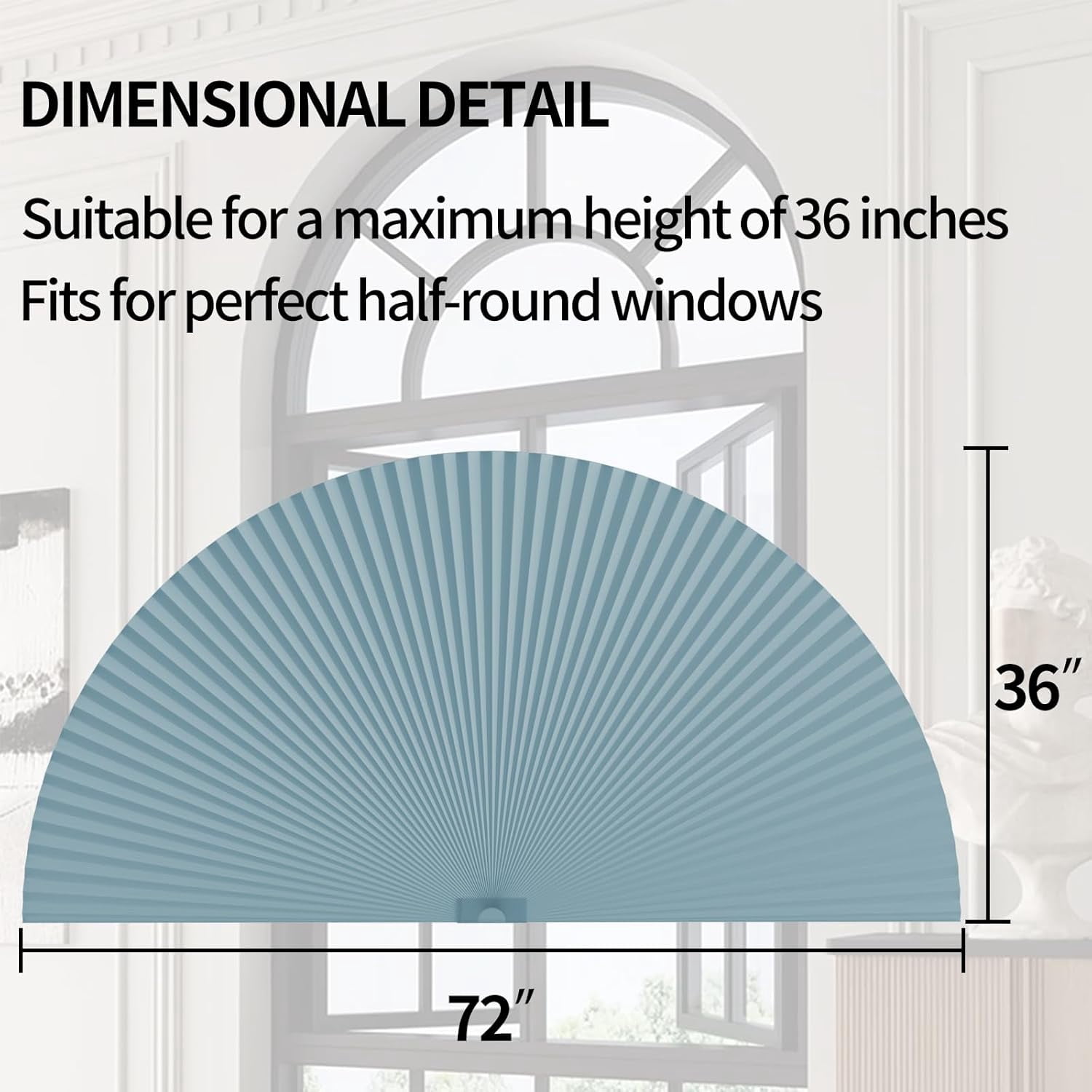 Arch Window Shades Half Circle Light Filtering Cellular Shades Cordless No Drill Blinds for Windows Half Moon Honeycomb Fabric No Tools Shades Easy Install (1PCS Blue 72" W X 36" H)