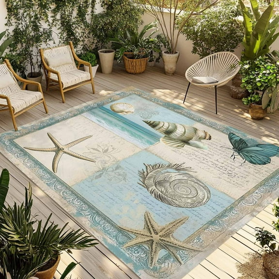 Fsddascl Coastal Outdoor Rug for Patio/Deck/Porch, Non-Slip Large Area Rug 5 x 8 Ft, Summer Beach Nautical Conch Starfish Butterfly Indoor Outdoor Rugs Washable Area Rugs, Camping Rug Carpet