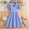 thumbnail image 2 of Girls Shirt Dress Light Blue Button Down Puff Sleeve Stretchy Wrinkle Resistant Casual School Summer Dress for Kids 7-13 Years,Size 10-11 T, 2 of 9