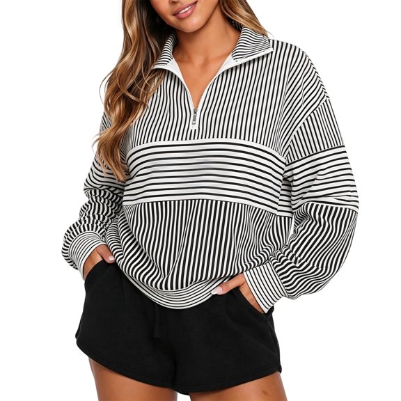 Bibifish Womens Sweatshirts Collared Striped Long Sleeve Soft Fleece Relaxed Fit Everyday Pullover Tops With Pocket