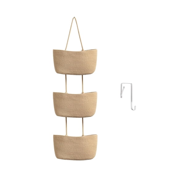 3 Tier Hanging Basket Over the Door, Woven Cotton Wall Organizer, Boho Decor, Natural