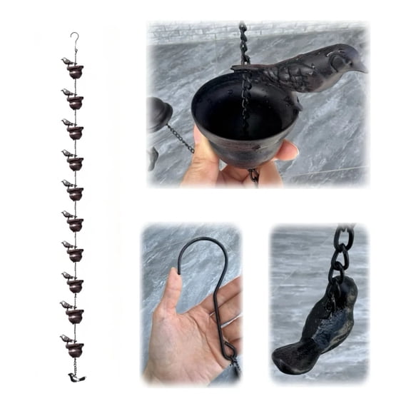9.5 FT Rain Chains for Gutters,Rustic Iron Decor with Anti-Rust Coating,Alternative to Traditional Downspouts, with 10 Cups and 11 3D Bird Models, Rain Chains for Outside Made Easy to Hang