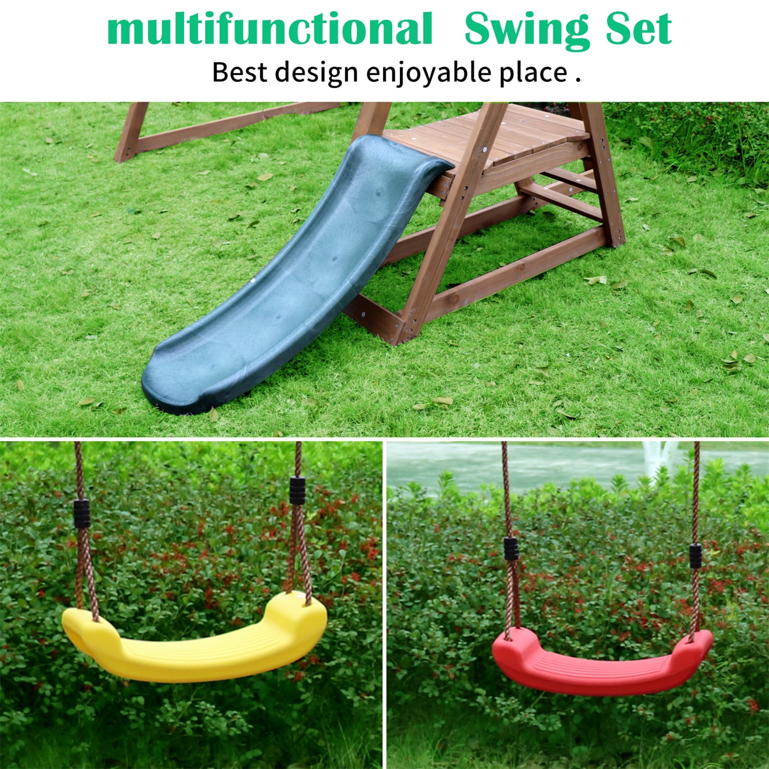 CIPACHO 2 in 1 Outdoor Wooden Swing Set with Slide for Kids Climbing Rope Ladder Backyard Playset CIPACHO 2 in 1 Outdoor Wooden Swing Set with Slide for Kids Climbing Rope Ladder Backyard Playset