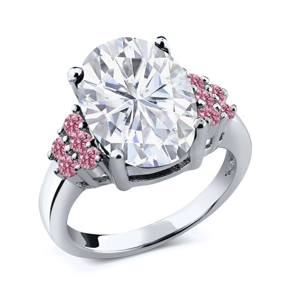 Gem Stone King 925 Sterling Silver Pink Lab Grown Diamond Ring Set with Moissanite (5.53 Cttw, Size 5)