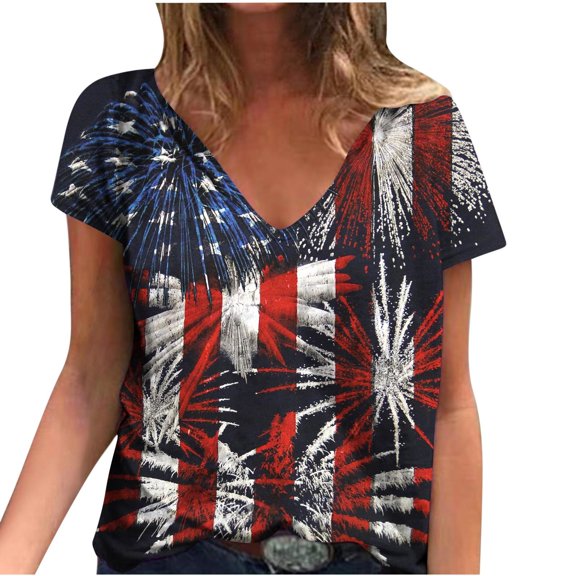 ibuvkizy Independence Day Shirts for Women Fashion American Flag Tops Patriotic Print Short Sleeve T-Shirts Red White Blue Shirts for Women Blue L