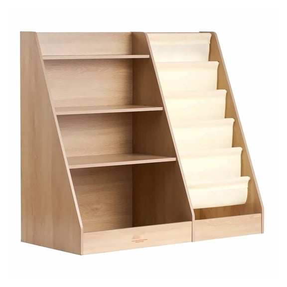 4-Tier Kids Wooden Bookshelf, Six-Layer Sling Bookcase, Baby Storage Book Rack, Book Toy Organizer Cabinet, for Kids Room, Playroom, Kindergarten, Nursery