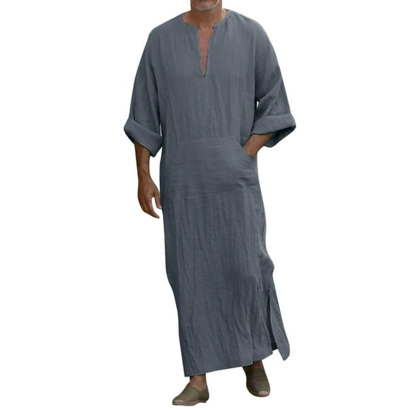 TSADFHJI Mens 4Xl Shirts Big And Tall Long Sleeve T Shirt Autumn Mens V Neck Linen Long Sleeve Kaftan Thobe Long Gown Shirt Robe Casual Gown Xxxl Grey