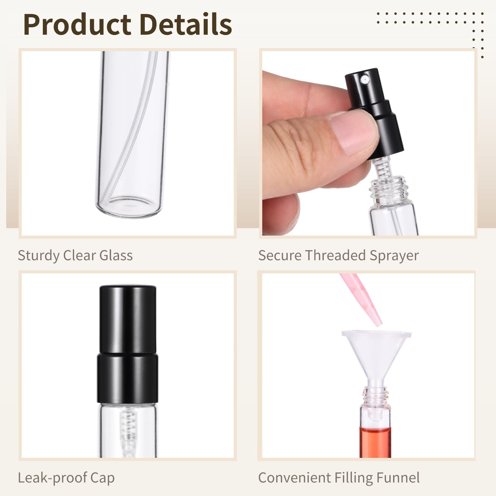 50PCS Mini Spray Bottles, 0.3oz/10ml Refillable Glass Perfume Bottles, Portable Travel Sample Containers with Caps, Fine Mist Atomizers with 2 Funnels and 2 Dispensers, Black