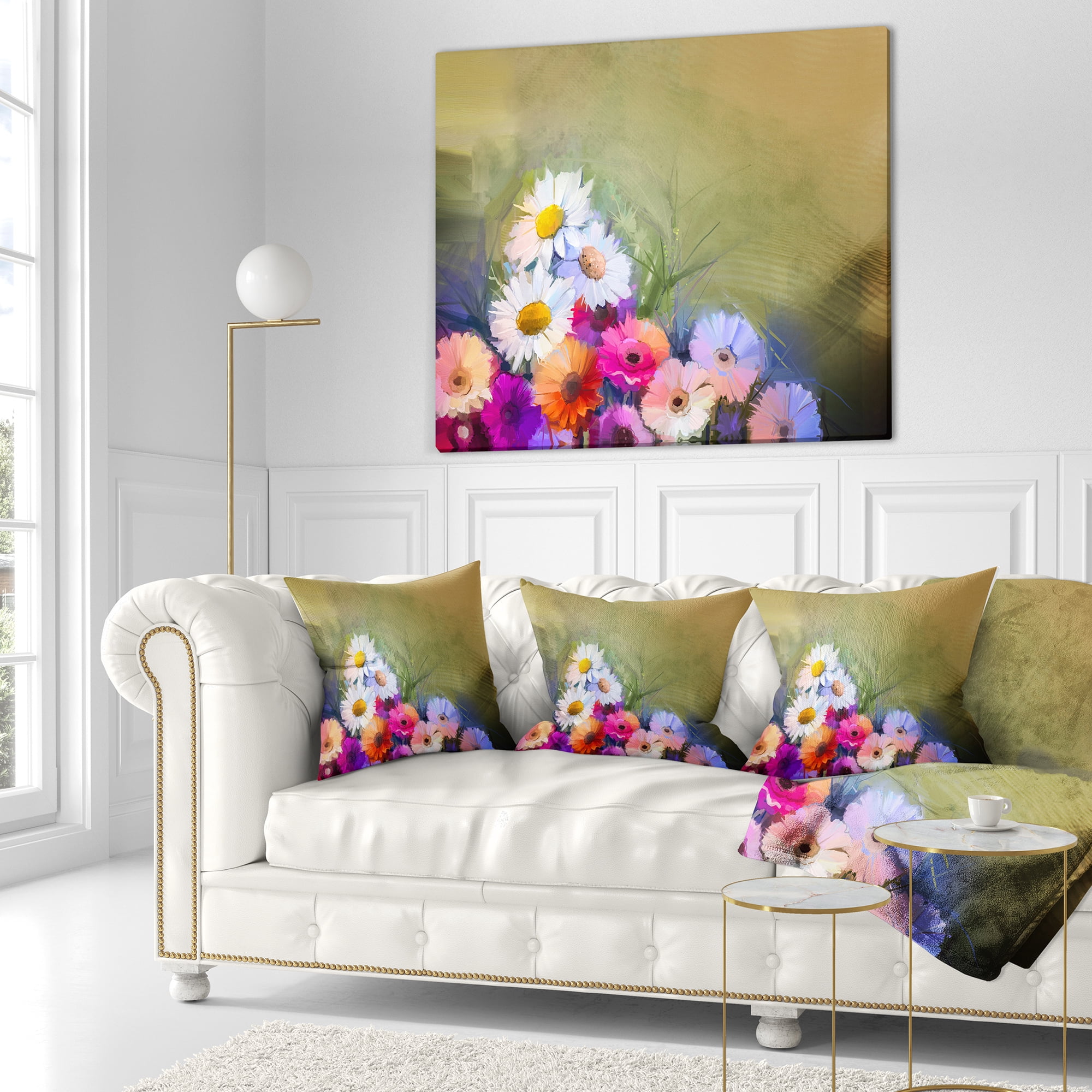 Designart White Sunflower and Gerbera Flowers - Floral Throw Pillow - 18x18