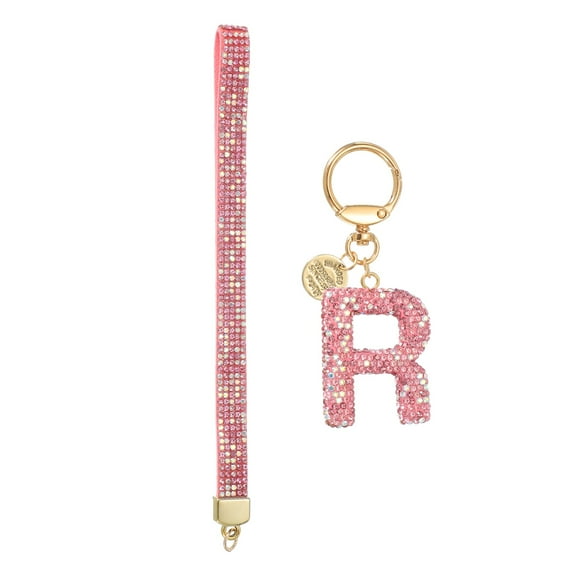 Initial Letter Keychain for Women, Rhinestone Alphabet R Key Chain Sparkly Keychain Charm with Heart for Backpack Handbag Car Key Accessories Lanyard, Pink